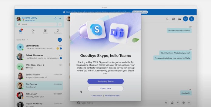 A screenshot of Skype as it appeared in 2025, with a popup advertising Microsoft Teams.